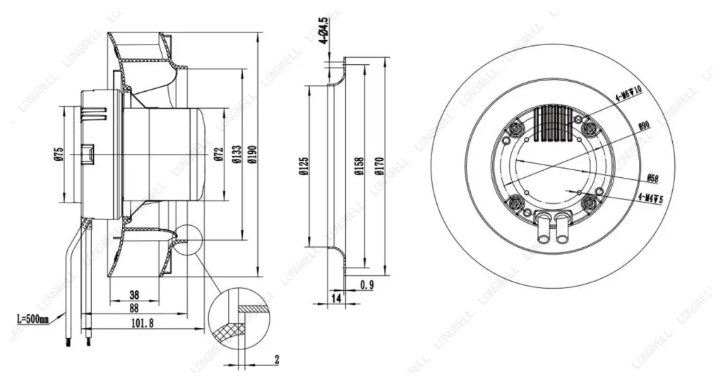 LWBE3G190-072NS-15 Dimensional drawing
