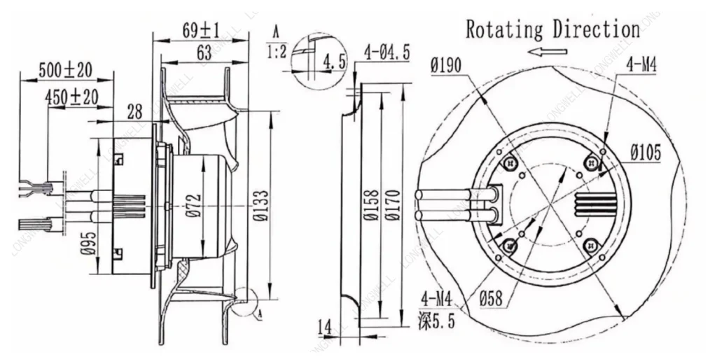 LWBE3G190-072NS-16 Dimensional drawing