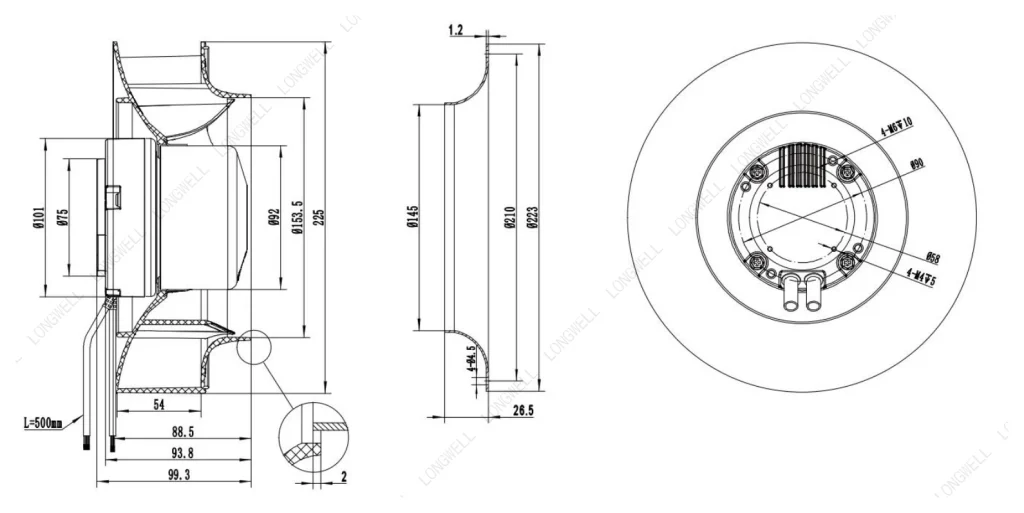 LWBE3G225-092NS-10 Dimensional drawing
