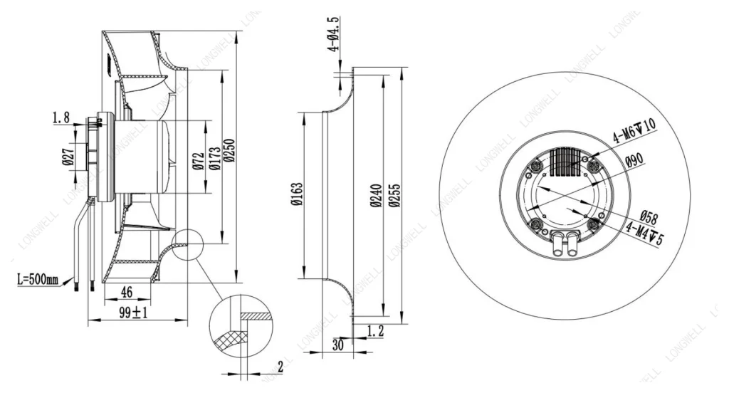 LWBE3G250-072NS-18 Dimensional drawing