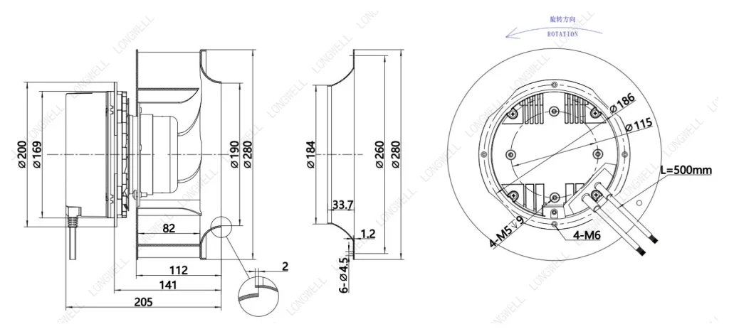LWBE3G280-102NS-16 Dimensional drawing